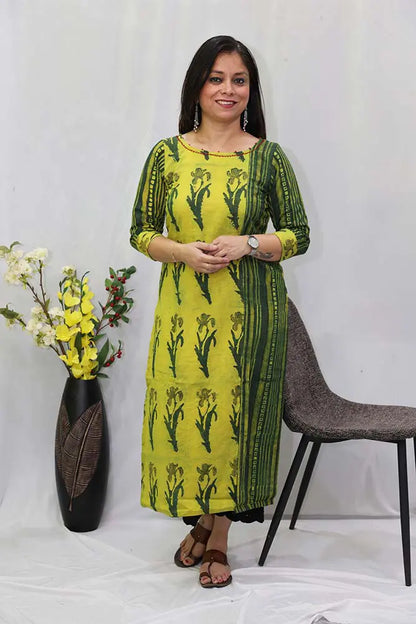 Yellow Green Dabu Ajrakh Kurti with Embroidery Neck Detailing