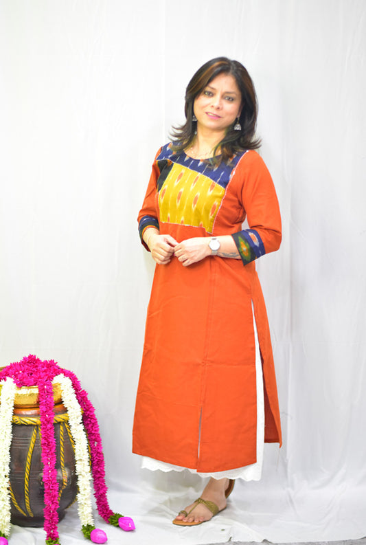 Straight Cut Orange Kurti With Yoke