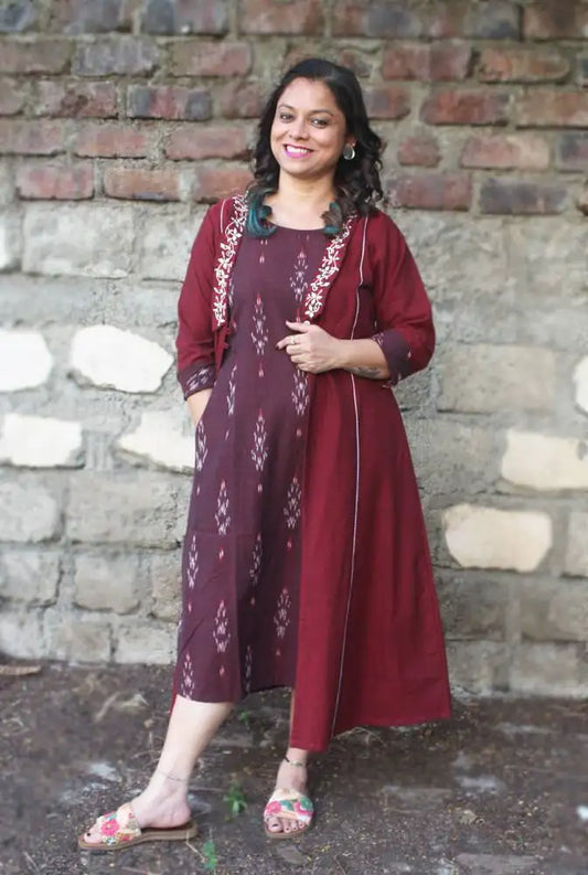 Double layered Maroon Dress With Detachable Long Shrug