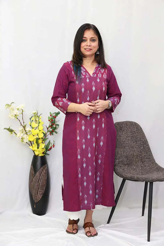 Handloom Maroon Kurti With Exclusive Ikat Panel