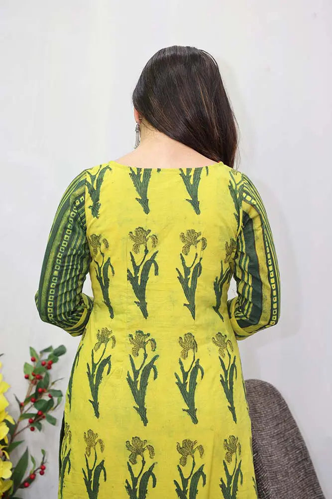 Yellow Green Dabu Ajrakh Kurti with Embroidery Neck Detailing