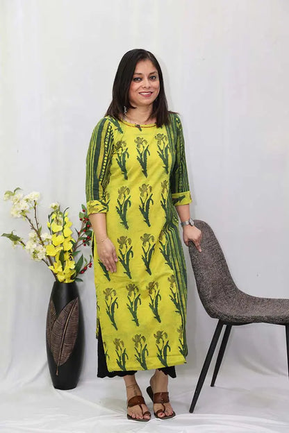 Yellow Green Dabu Ajrakh Kurti with Embroidery Neck Detailing