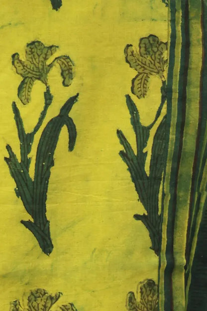 Yellow Green Dabu Ajrakh Kurti with Embroidery Neck Detailing