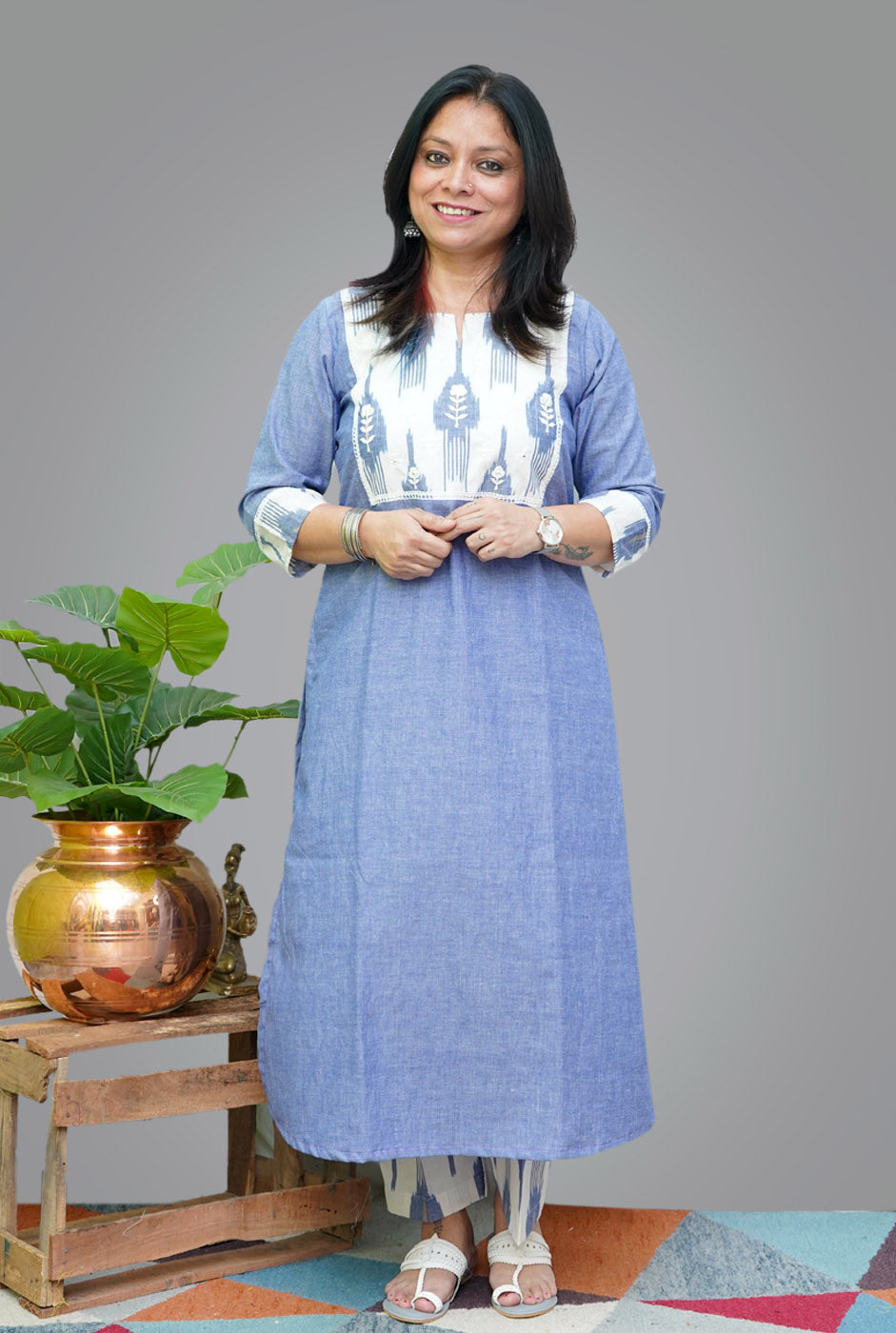 Denim Blue Kurti With Exclusive Ikat Yoke