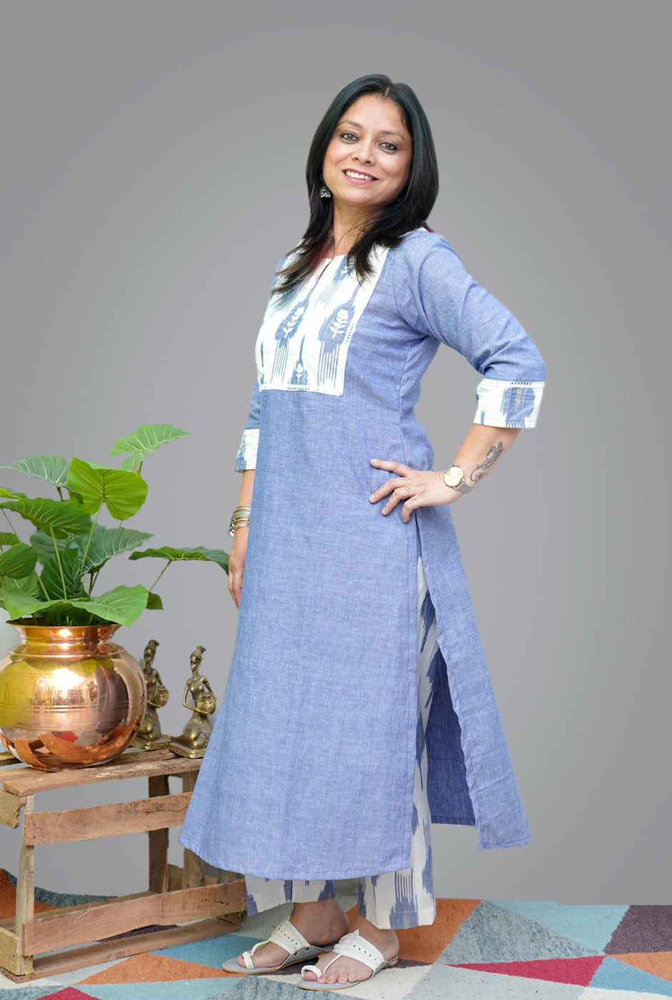 Denim Blue Kurti With Exclusive Ikat Yoke