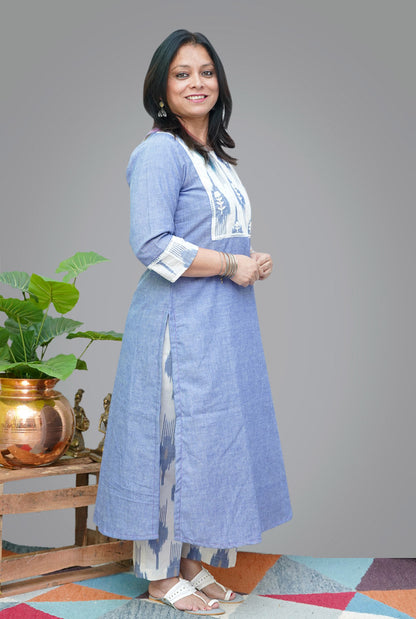 Denim Blue Kurti With Exclusive Ikat Yoke