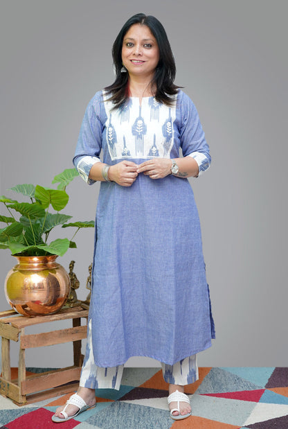 Denim Blue Kurti With Exclusive Ikat Yoke