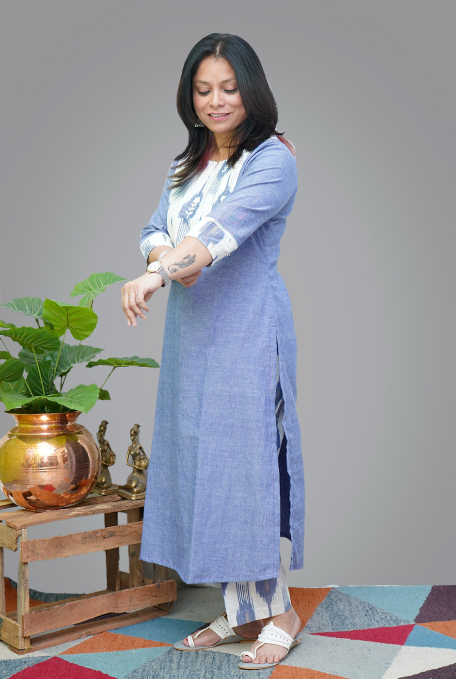 Denim Blue Kurti With Exclusive Ikat Yoke