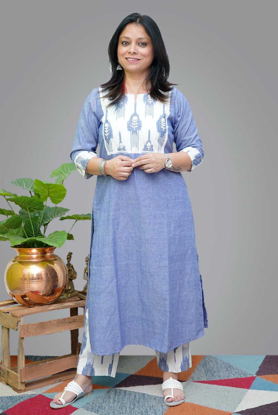 Denim Blue Kurti With Exclusive Ikat Yoke