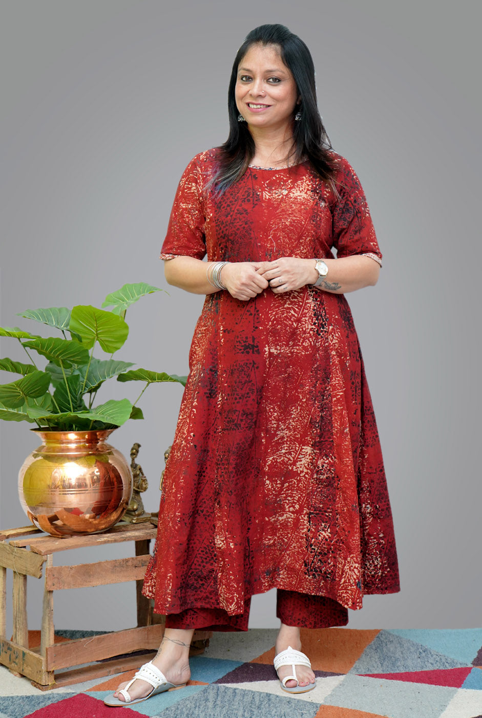 Ajrakh A-line Kalidar Kurti Pant Set