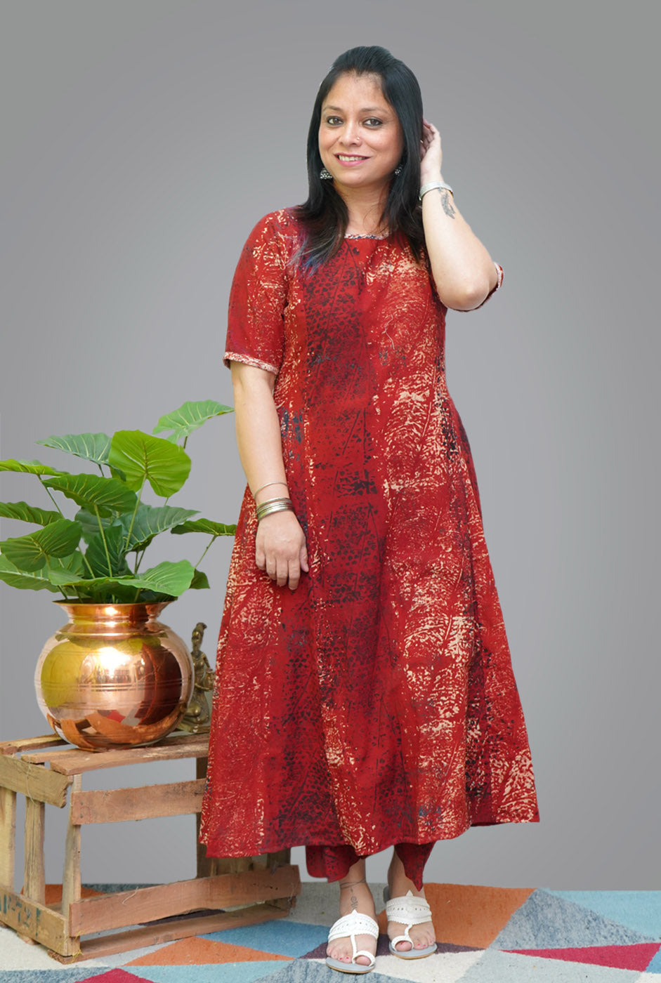 Ajrakh A-line Kalidar Kurti Pant Set