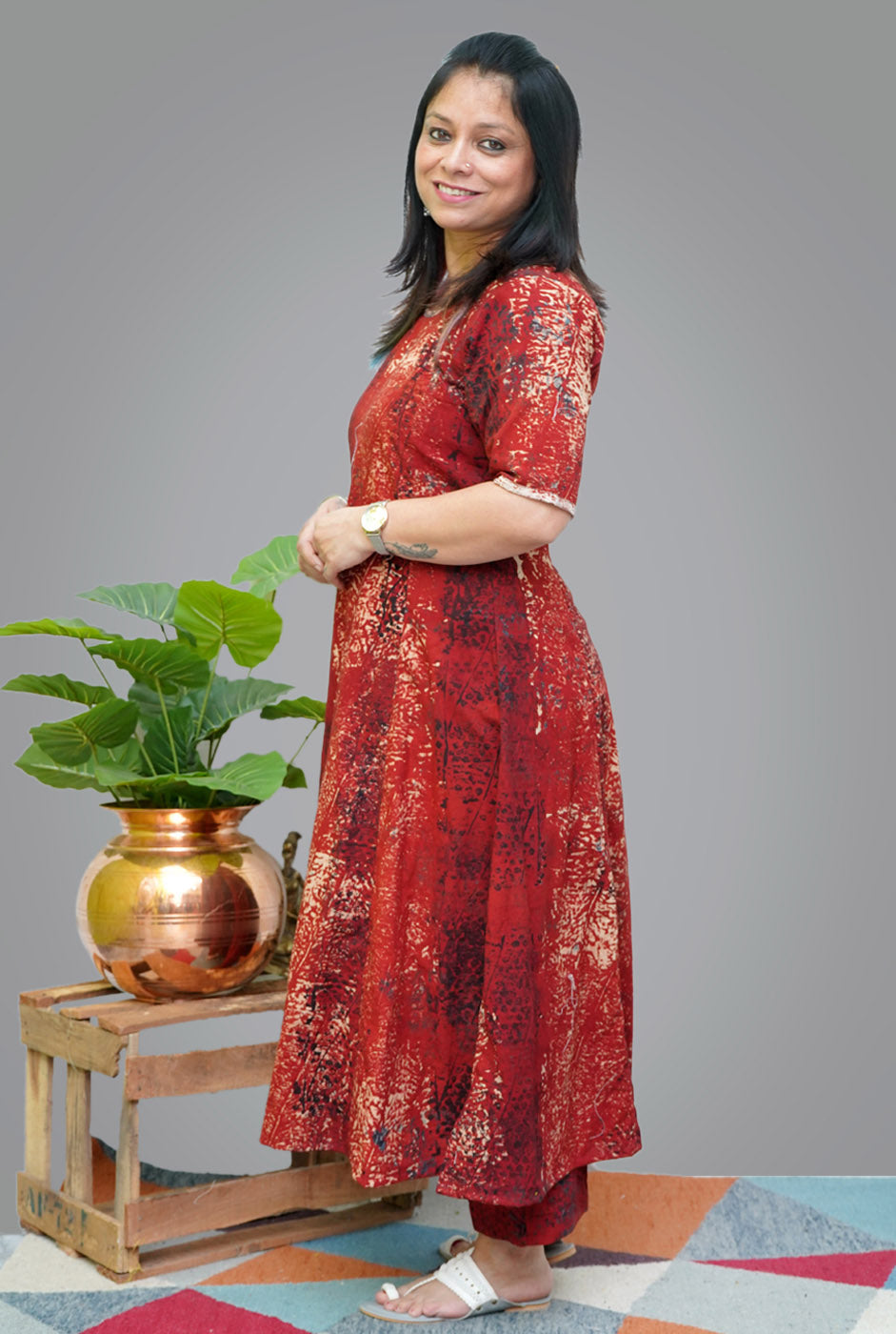 Ajrakh A-line Kalidar Kurti Pant Set