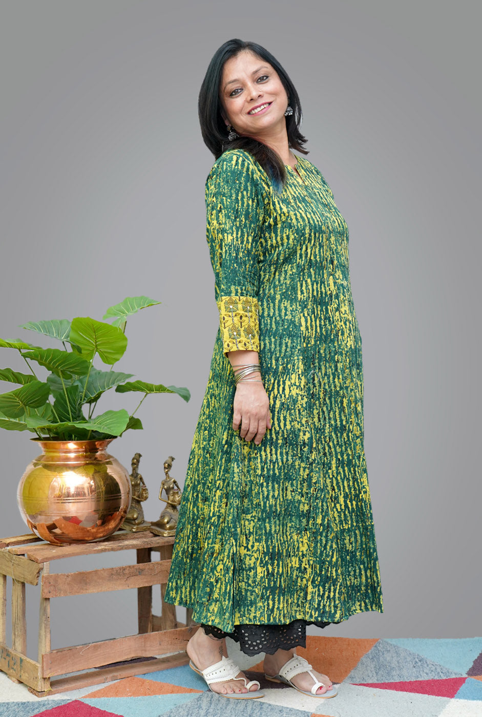 Cotton Ajrakh A-line Kalidar Kurti (A)