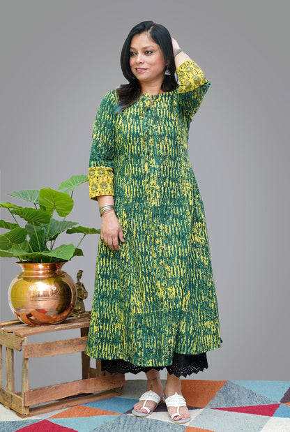 Cotton Ajrakh A-line Kalidar Kurti (A)