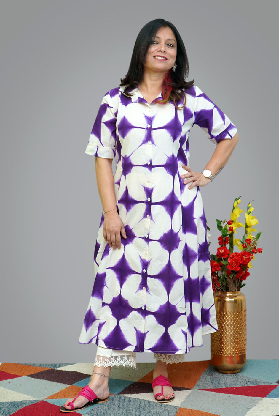 Designer A-line Clamp Kurti White