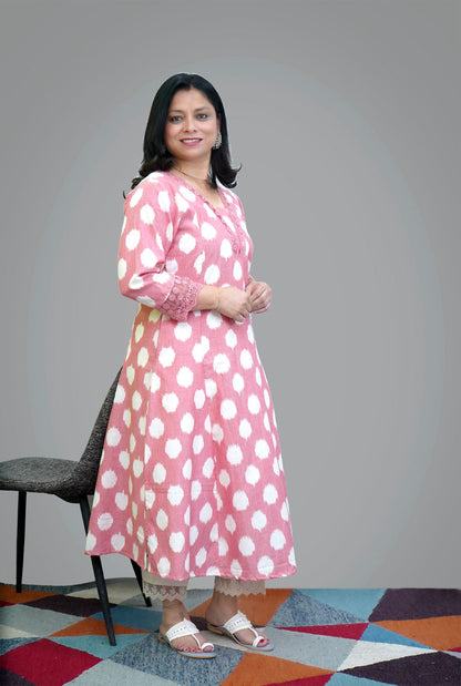 Peach Color Exclusive Ikat Kurti with Lace Detailing