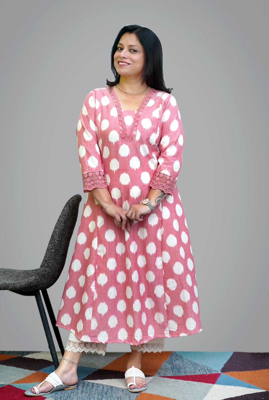 Peach Color Exclusive Ikat Kurti with Lace Detailing