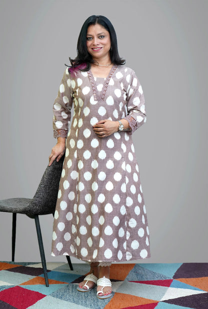 Mouse Color Exclusive Ikat Kurti with Lace Detailing