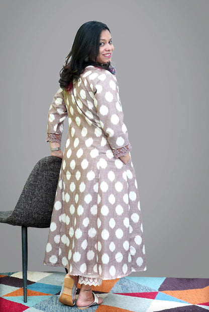 Mouse Color Exclusive Ikat Kurti with Lace Detailing