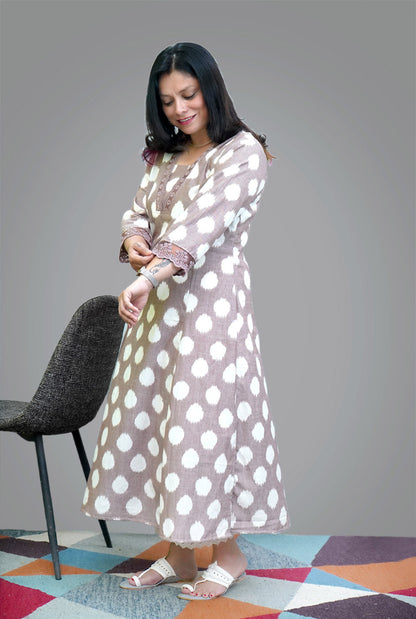 Mouse Color Exclusive Ikat Kurti with Lace Detailing