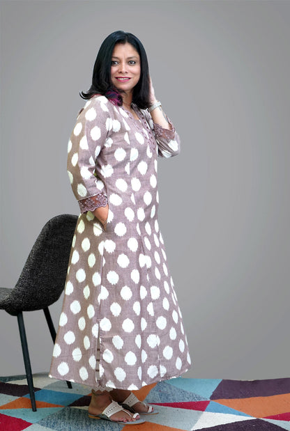 Mouse Color Exclusive Ikat Kurti with Lace Detailing