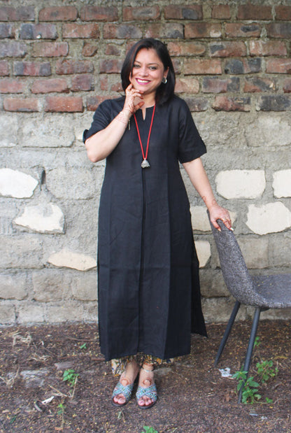 Black Straight Cut Linen Kurti with Box Pleat