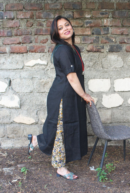 Black Straight Cut Linen Kurti with Box Pleat