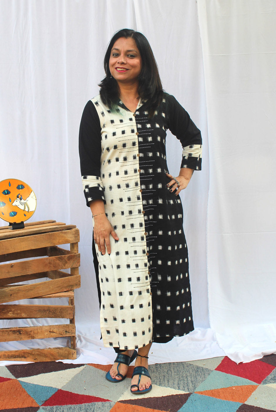 Double Ikat Half ‘n’ Half Kurta Black & White