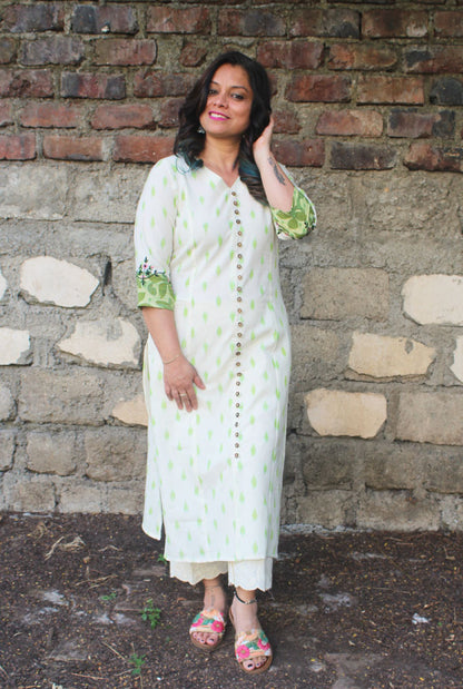 White &amp; Green Straight Cut Ikat Kurti