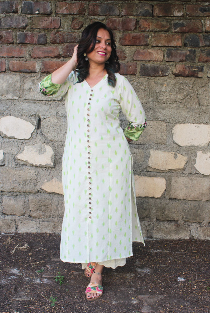 White &amp; Green Straight Cut Ikat Kurti