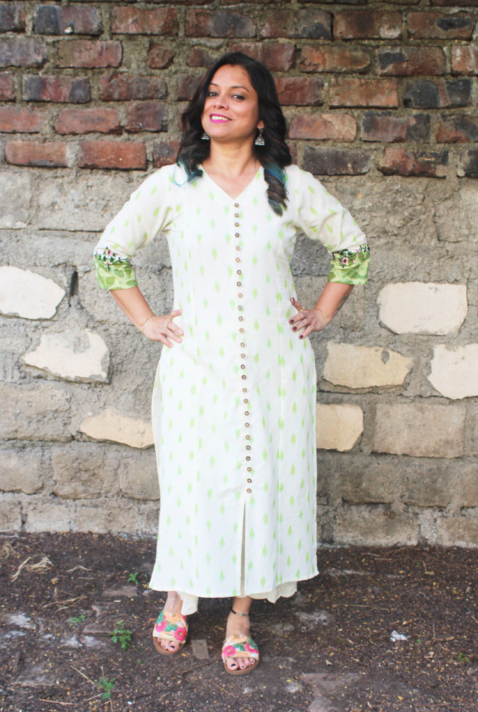 White &amp; Green Straight Cut Ikat Kurti