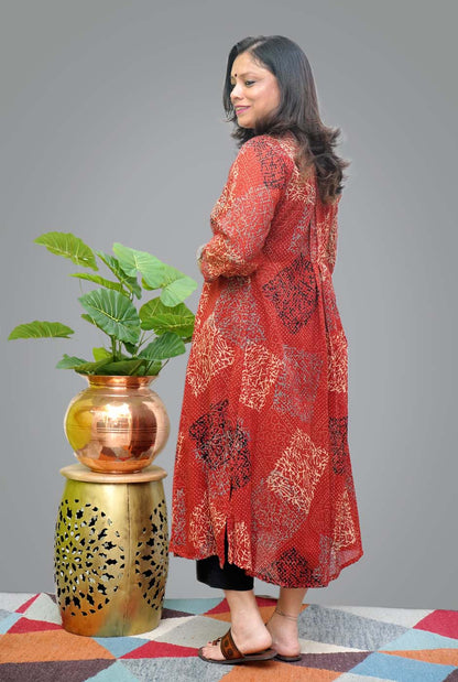 Hand block Mul Ajrakh Kurti with Front Gather