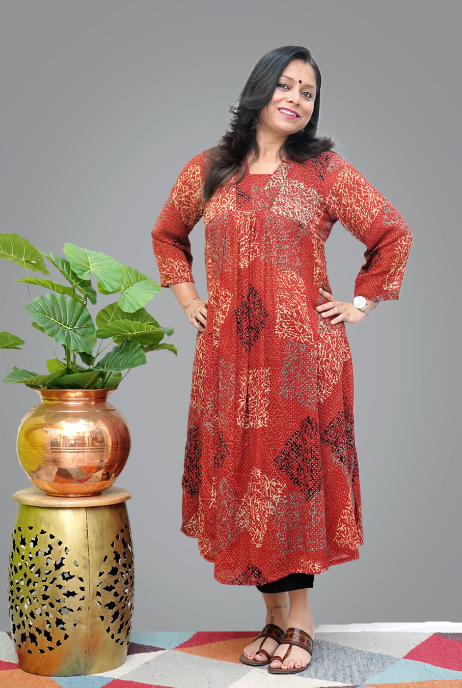 Hand block Mul Ajrakh Kurti with Front Gather