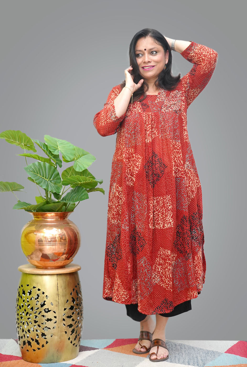 Hand block Mul Ajrakh Kurti with Front Gather