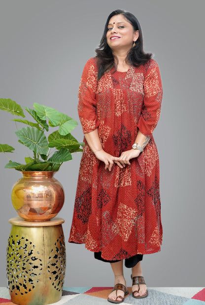 Hand block Mul Ajrakh Kurti with Front Gather