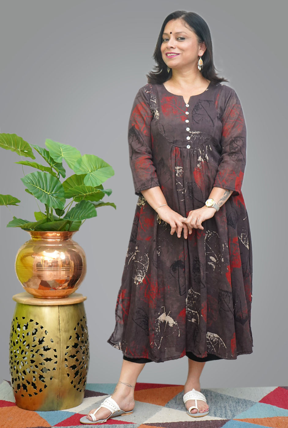 Mul Ajrakh Hand block Kurti with Front Gather