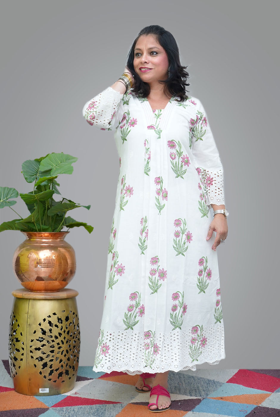 Hand Blocked Chikankari Cutwork Kurti with Lining (C)