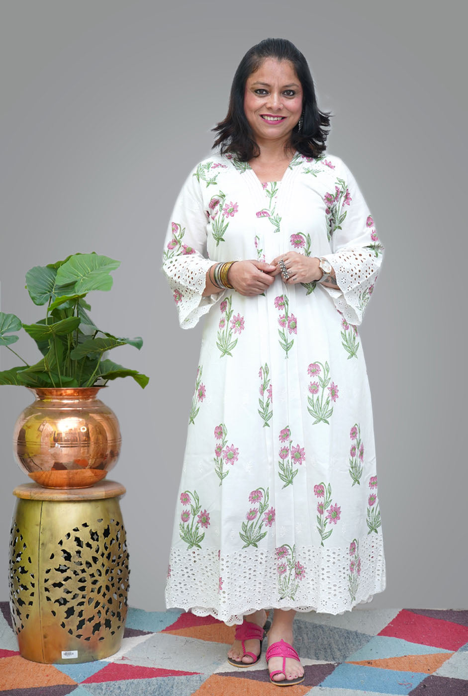 Hand Blocked Chikankari Cutwork Kurti with Lining (C)