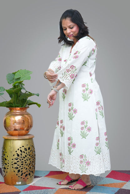 Hand Blocked Chikankari Cutwork Kurti with Lining (C)