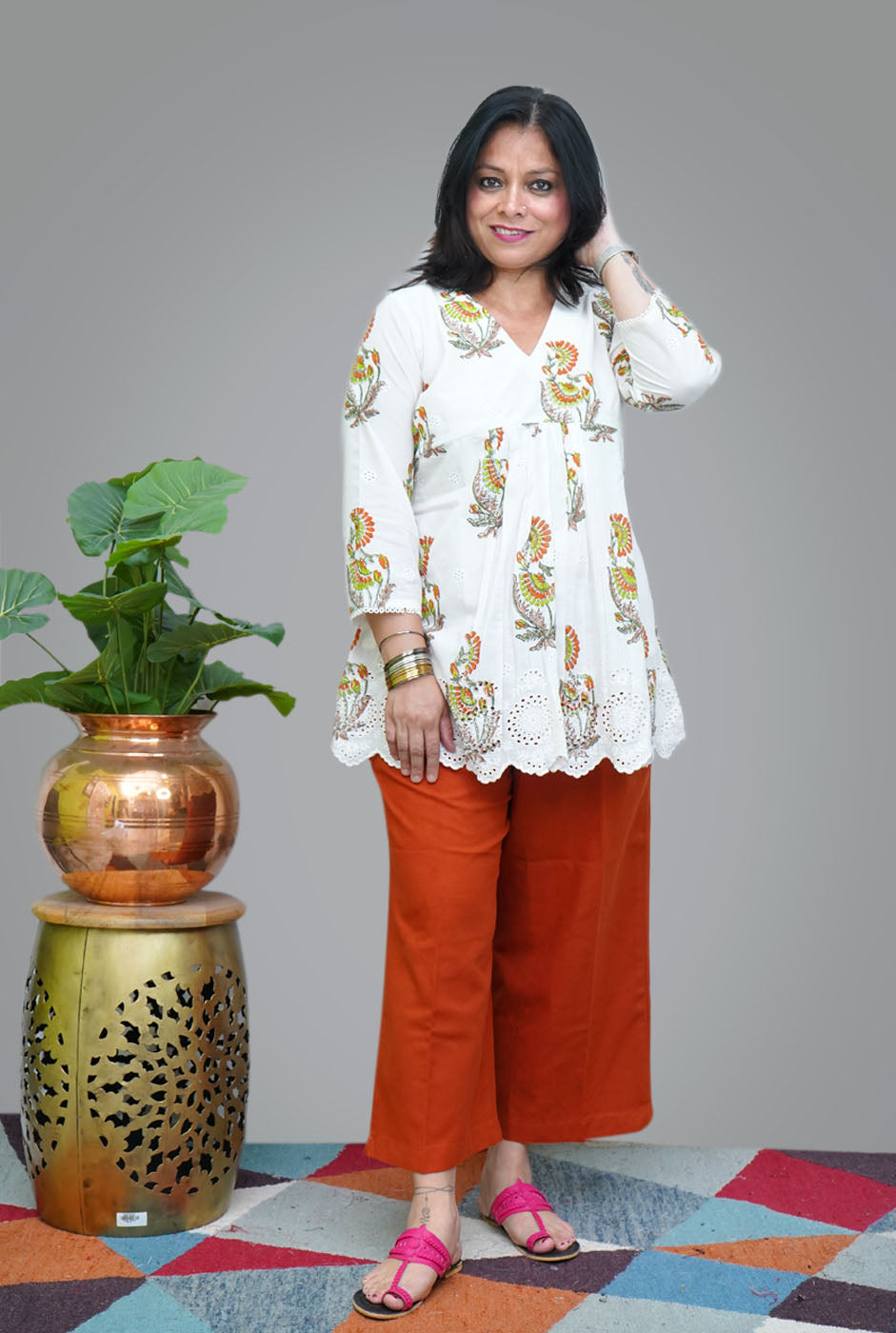 Hand Blocked Chikankari Cutwork Short Top/ Kurta (A)