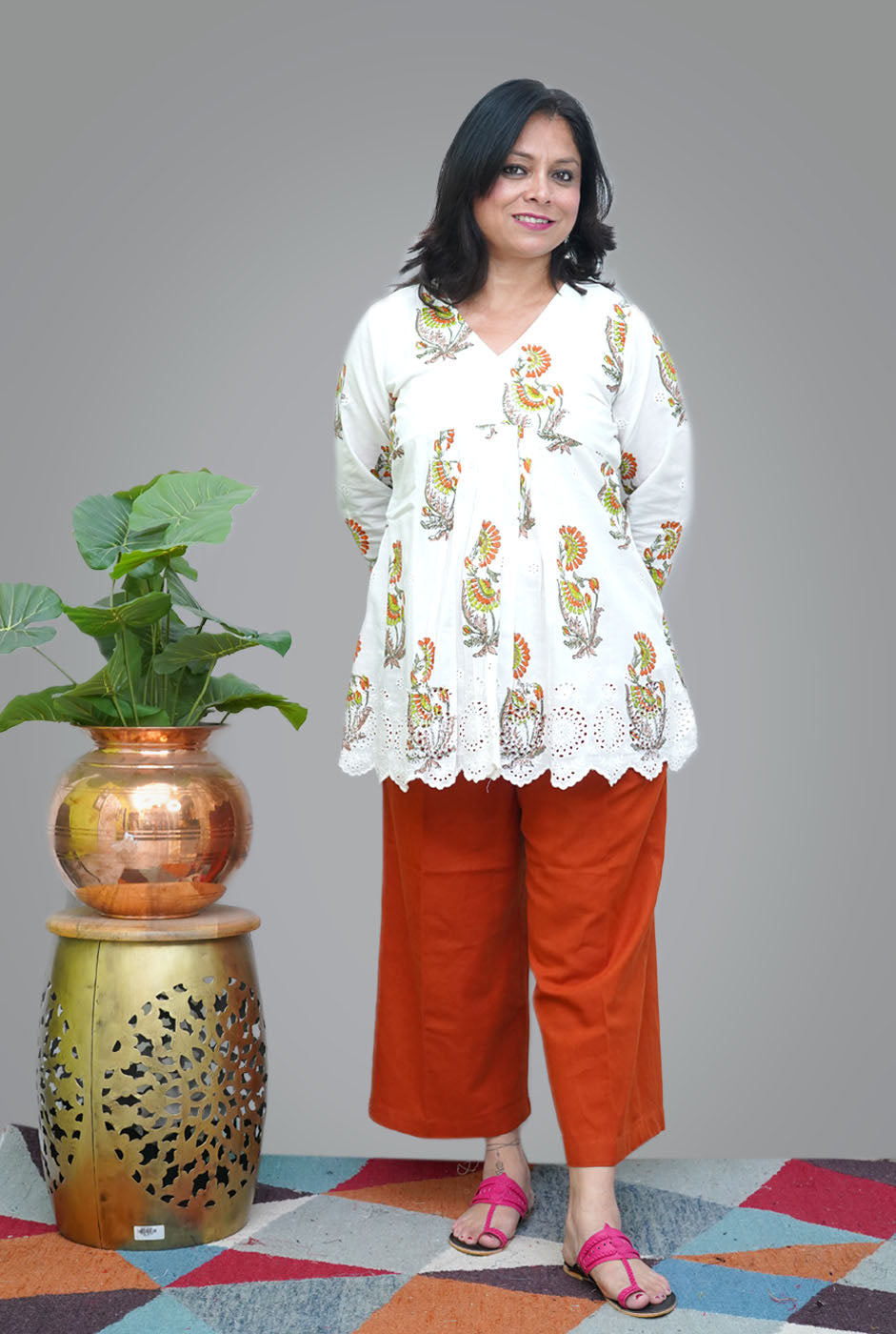 Hand Blocked Chikankari Cutwork Short Top/ Kurta (A)