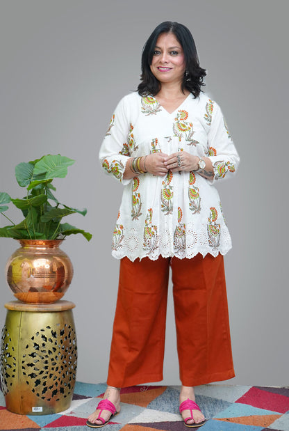 Hand Blocked Chikankari Cutwork Short Top/ Kurta (A)