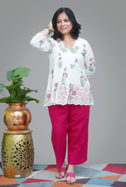 Hand Blocked Chikankari Cutwork Short Top/ Kurta (B)