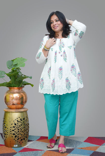 Hand Blocked Chikankari Cutwork Short Top/ Kurta (C)