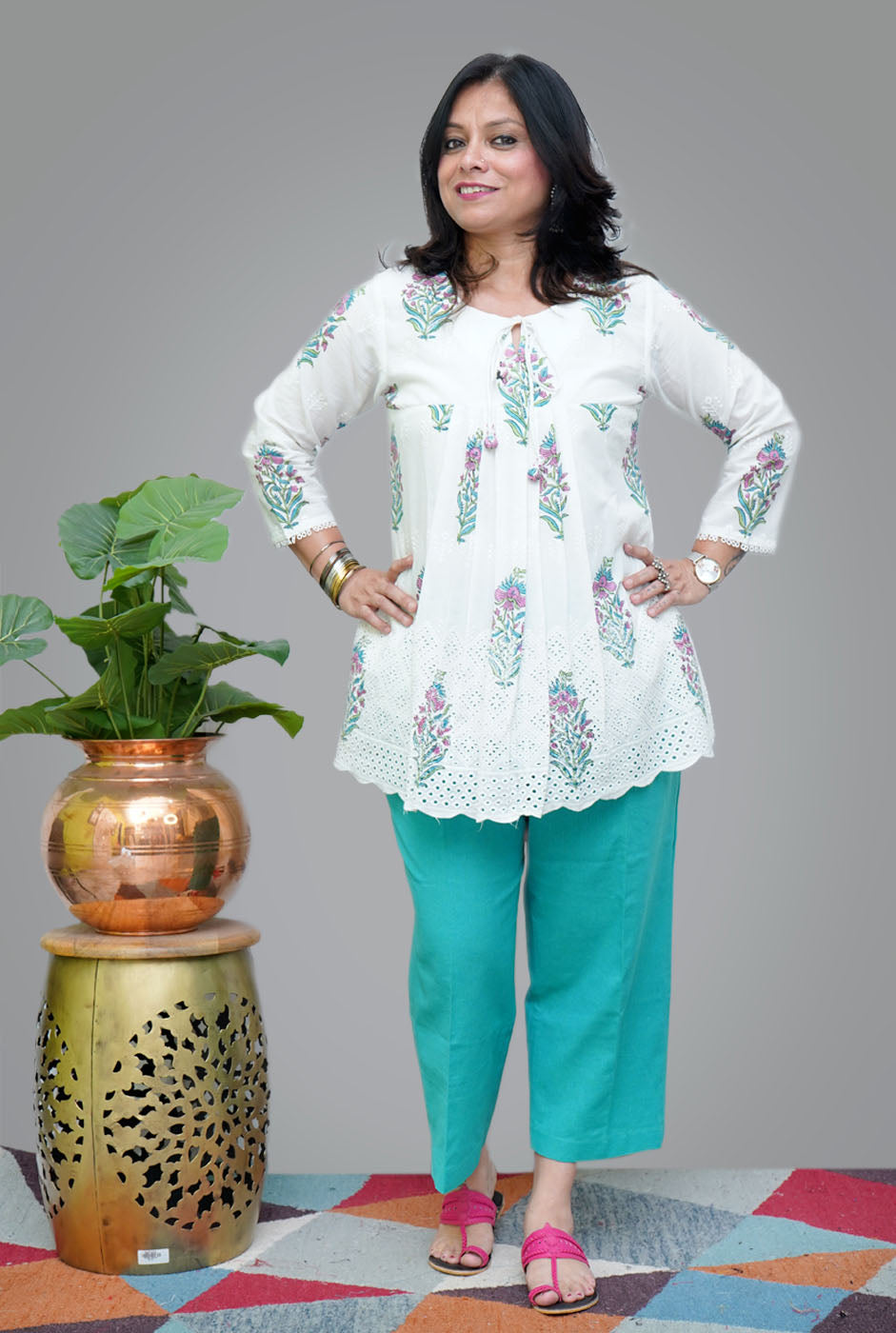 Hand Blocked Chikankari Cutwork Short Top/ Kurta (C)