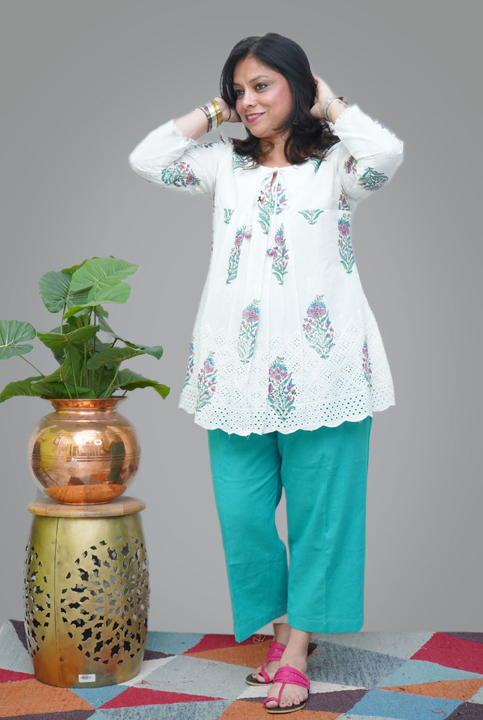 Hand Blocked Chikankari Cutwork Short Top/ Kurta (C)