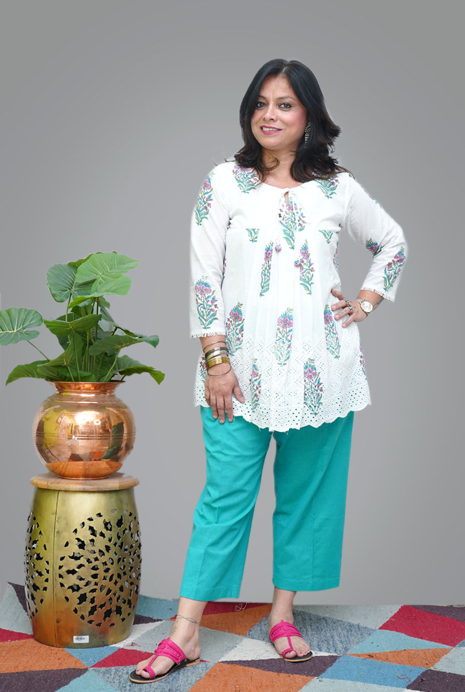 Hand Blocked Chikankari Cutwork Short Top/ Kurta (C)