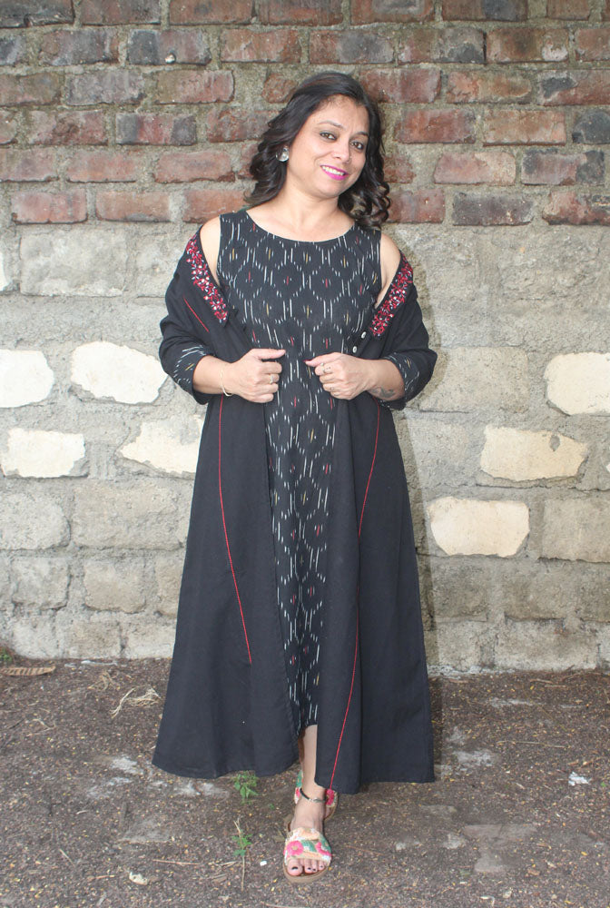 Double layered Black Dress With Detachable Long Shrug