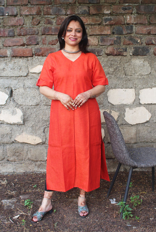 Orange Straight Cut Linen Kurti with Box Pleat