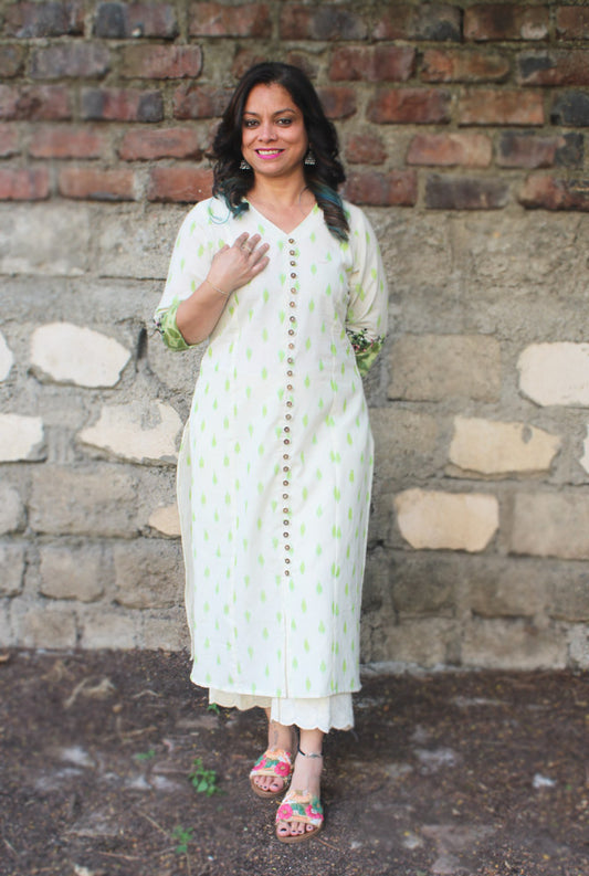 White & Green Straight Cut Ikat Kurti